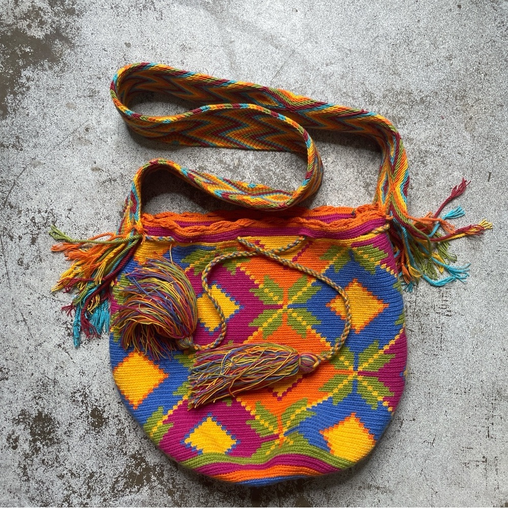 Wayuu tribal handmade vibrant colorful woven boho shoulder bag festival